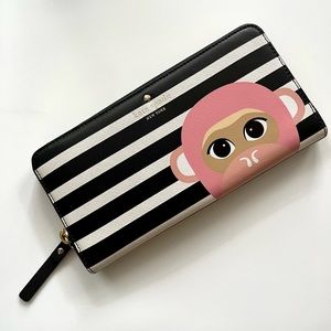 Kate Spade zip-around continental wallet black & white pink monkey, new with tag